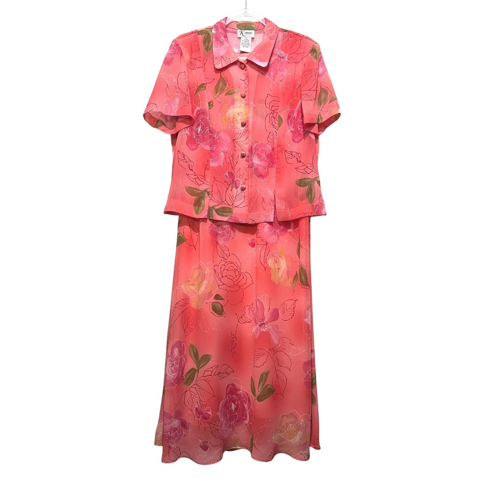 K Studio Coral Pink‎ Floral Dress Blouse Set Grandmacore Cottagecore Womens 14